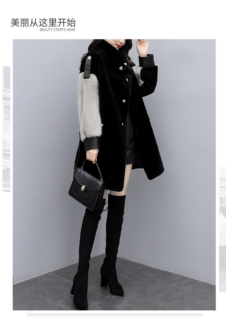 店款女装冬季时尚皮草外套女中长款皮毛一体拼接灰色毛毛大衣黑色3xl