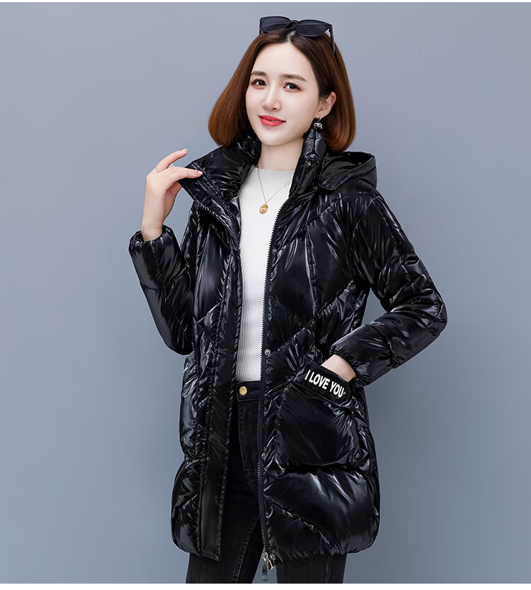羽绒服保暖防寒服大毛领亮面中长款冬季加厚亮皮衣免洗皮油外套 黑色