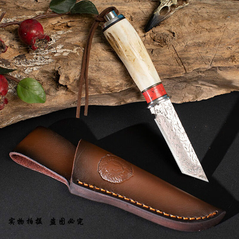 蒙古小刀手工锻打 vg10大马士革吃肉刀鹿角小镶红宝石水果刀 红彩鹿角