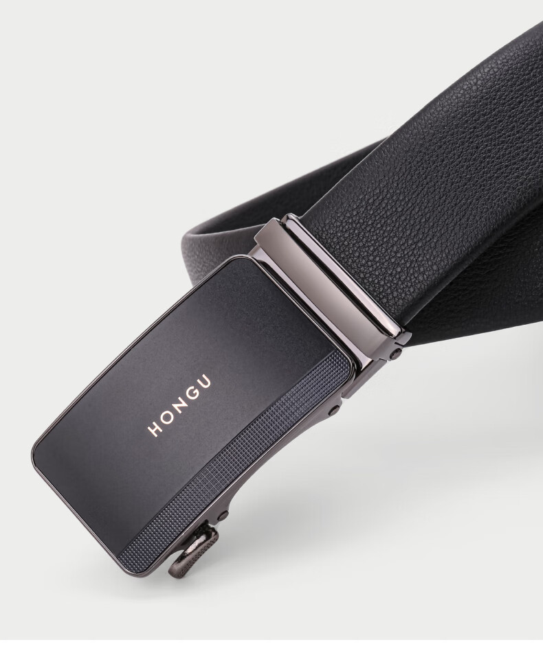 红谷hongu皮带男牛皮头层牛皮青年裤带商务休闲时尚自动扣漆黑130cm