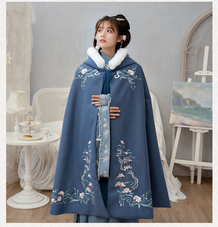汉服斗篷女长款刺绣加绒加厚保暖外套披风秋冬款 白色加绒斗篷