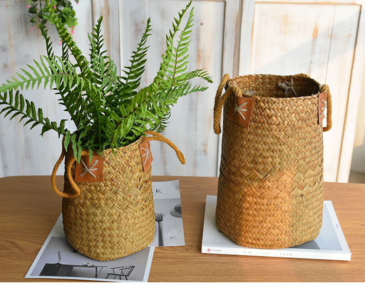 海草花篮草编手提花盆麦穗干花花瓶大麦花篮摆件藤编编织篮子花盆麻绳