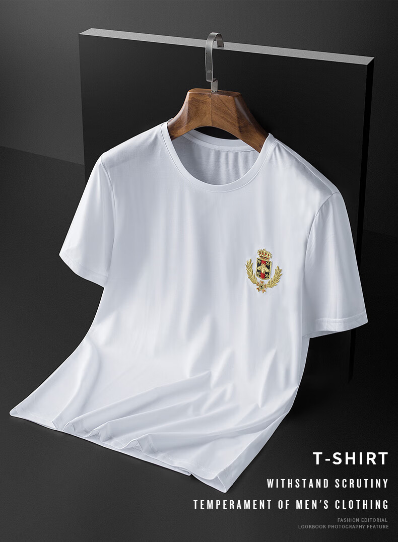 rouhildy轻奢品牌纯棉短袖t恤男夏季皇冠刺绣体恤男圆领中青年修身