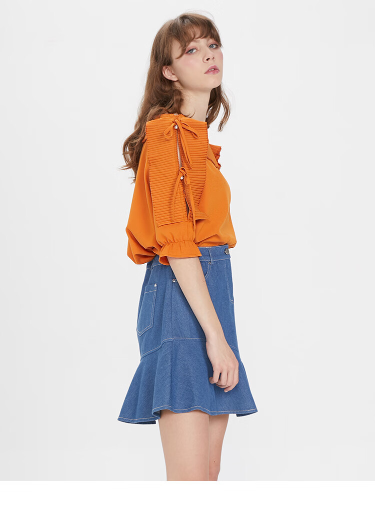 breadnbutter雪纺衫夏季新款女纯色百褶系带中袖雪纺衫宽松上衣琥珀色