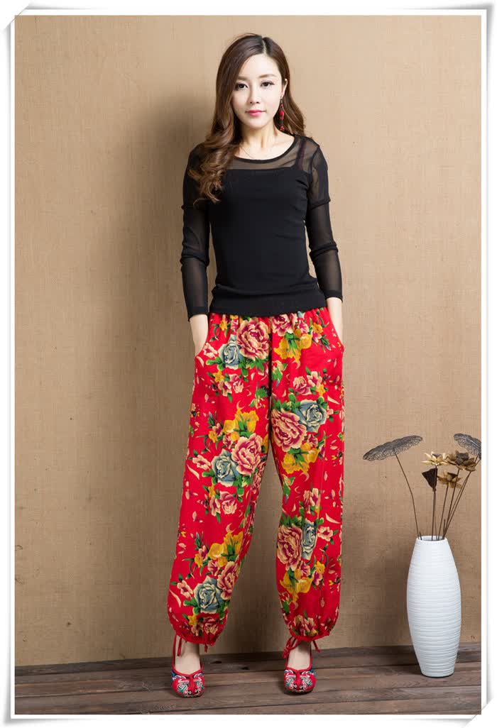 棉麻花裤子女夏季长裤灯笼裤哈伦裤士薄款广场舞服装裤东北大花民族风