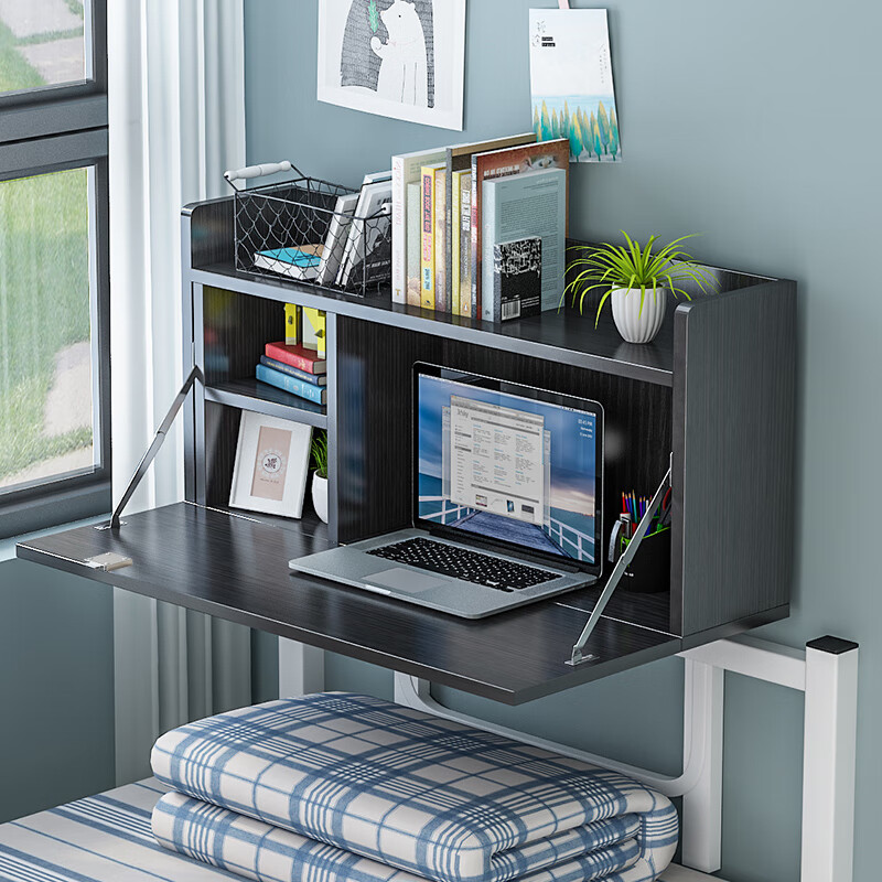 神器挂床铺悬空寝室懒人桌电脑桌折叠桌子 浅胡桃升级加宽款【配办公