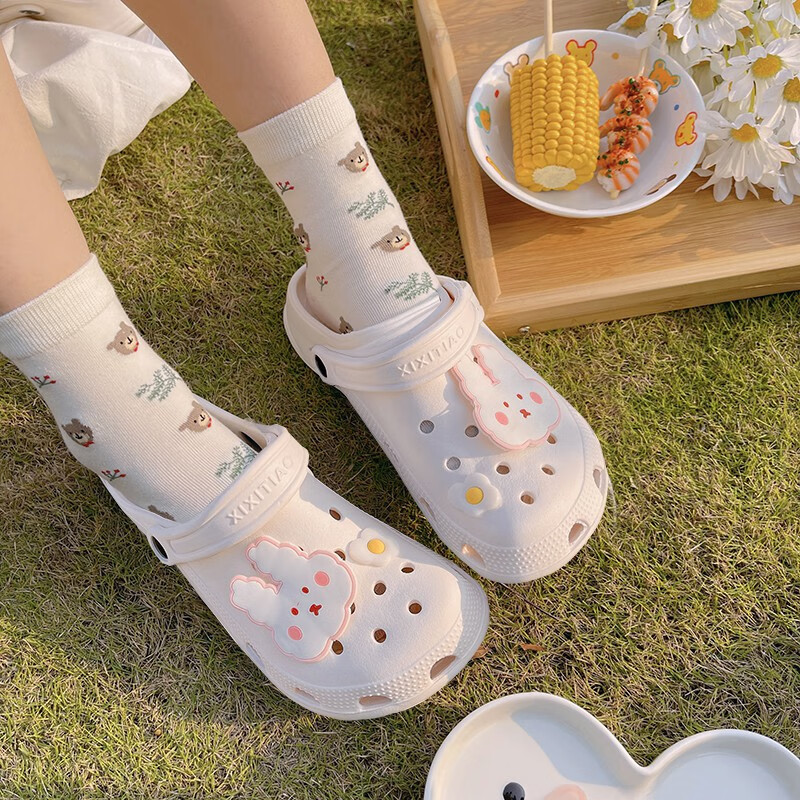 洞洞鞋女ins可爱小熊洞洞鞋包头鞋学生防滑半凉拖沙滩鞋外穿泰迪洞洞