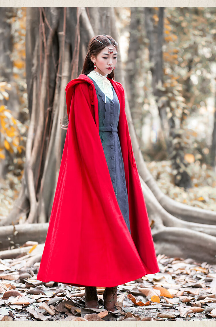 犀狂无心法师岳绮罗同款大红色斗篷毛呢大衣女外套复古小红帽披风秋冬