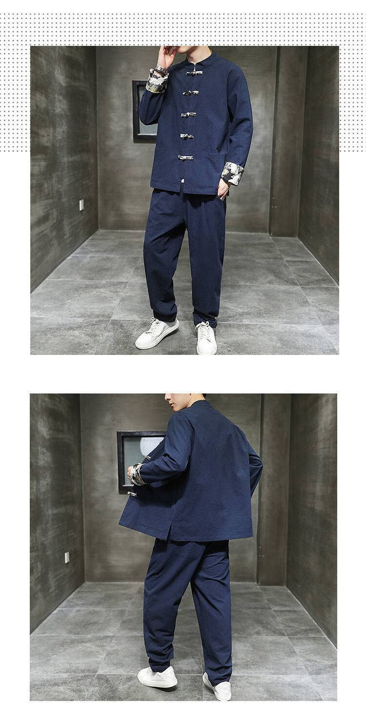 麻料麻布衣服男套装棉麻男士一套中国风男装中式青年唐装中山装刺绣