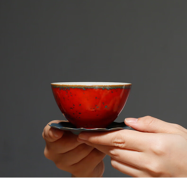 生态家居同款红茶杯岩香坊窑变男女家用主人杯红色汝窑开片功夫茶具