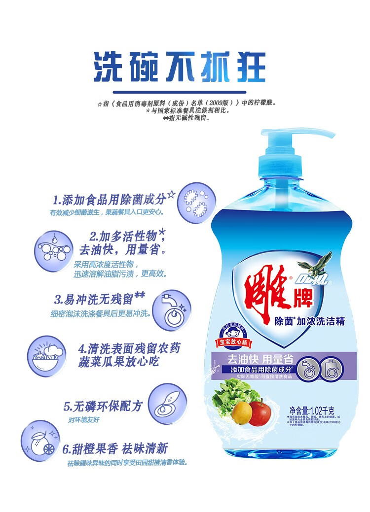 雕牌除菌加浓洗洁精102kg双倍去油污食品果蔬餐具洗涤剂不伤手无残留