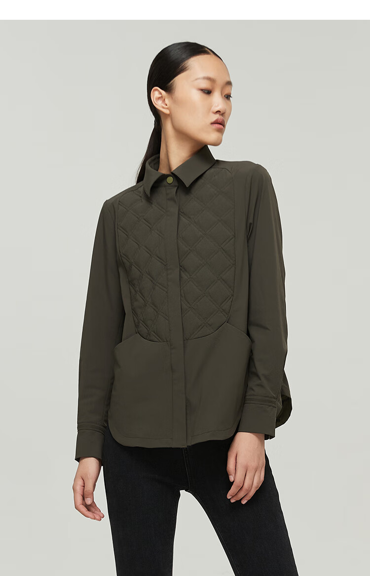 艾莱依早秋新款气质修身长袖羽绒衬衣女百搭保暖格纹羽绒衬衫