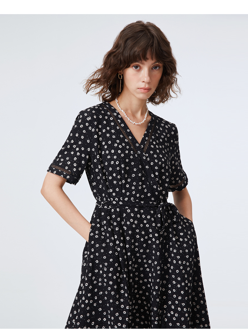 goobgsgb谷邦短袖中长款印花v领法式连衣裙法式米底花xs150