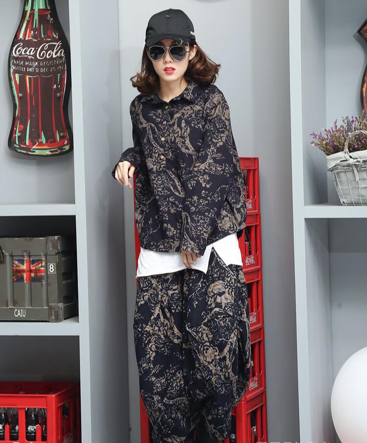 套装女夏 两件套夏装新款薄款灯笼裤复古裤子女九分裤0408 松树花一套