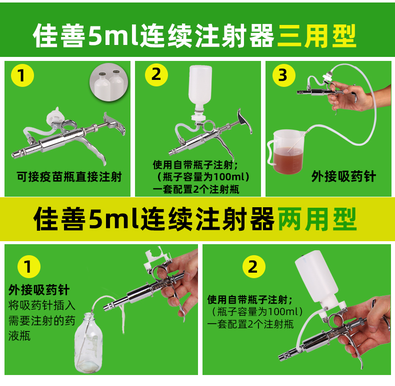5ml兽用可调连续注射器猪牛羊鸡用疫苗注射金属注射针器带瓶【图片