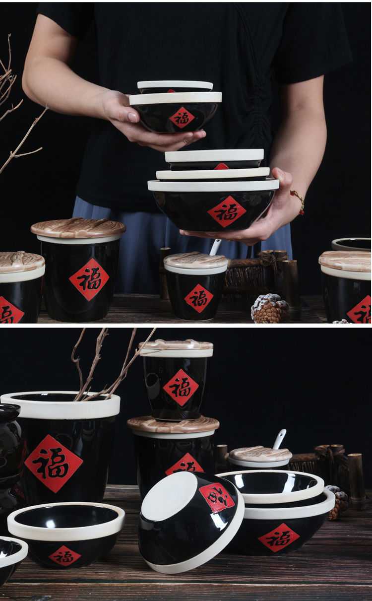 迷你小水缸福字小酱缸水缸家用小型厨房摆件杯迷你瓷老式陶瓷调料粗