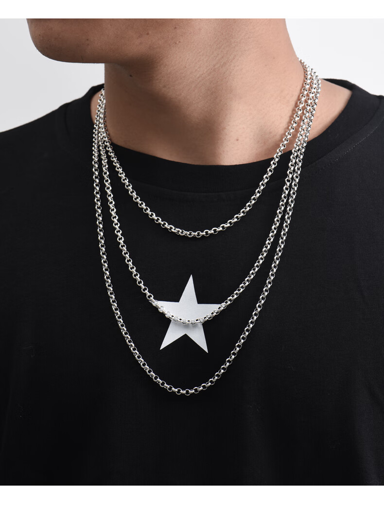 芙裕倪复古泰银o字链925银项链男珍珠链粗款女毛衣链做旧无吊坠银链