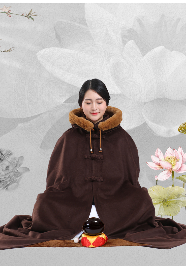 禅修打坐斗篷披风男佛教冬装品心莲居士加厚加绒长短保暖观音佛披马甲