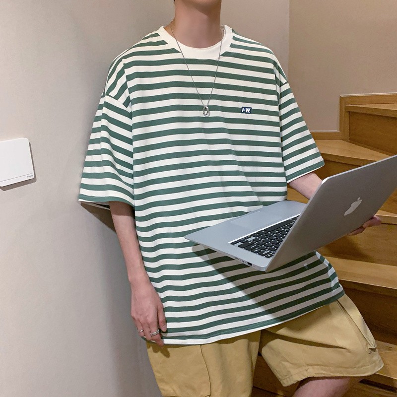 mystyle官方夏季日系蓝色条纹短袖t恤男女ins港风原宿男生宽松休闲