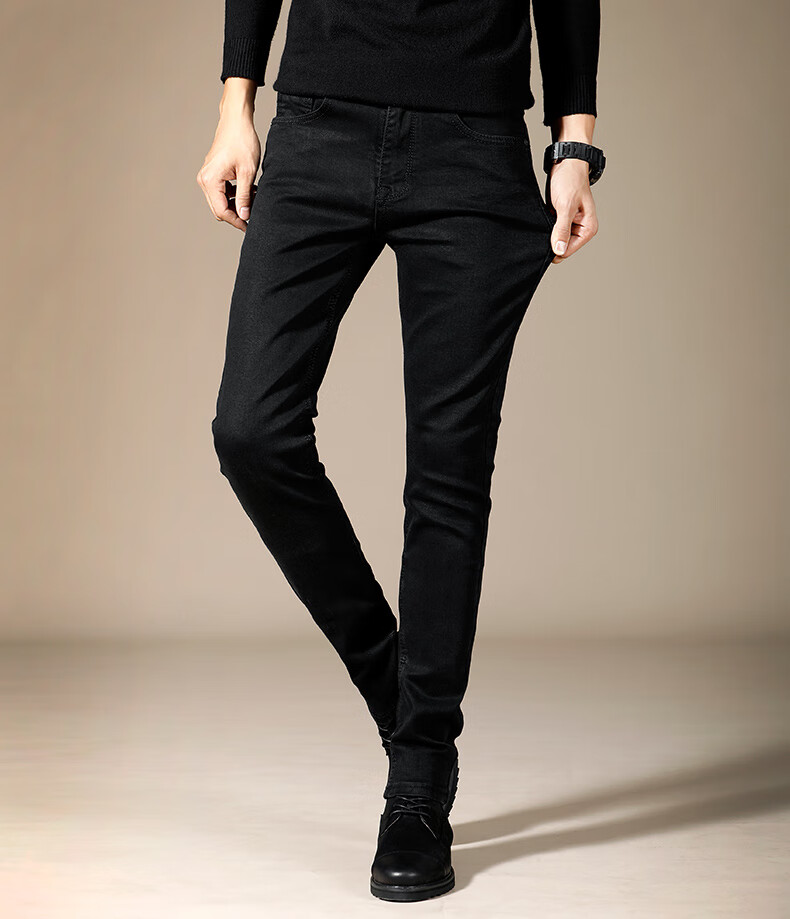 牛仔裤男潮牌秋季修身直筒韩版潮流男士休闲百搭加绒加厚长裤子 黑色