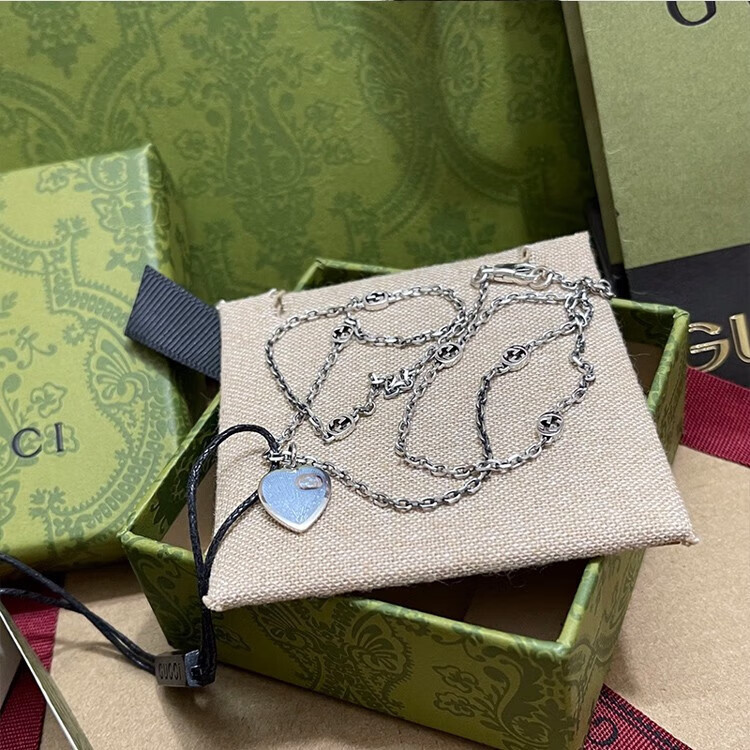 克罗心(chrome heart)互扣式双g珐琅爱心项链 银饰毛衣链百搭时尚 蓝