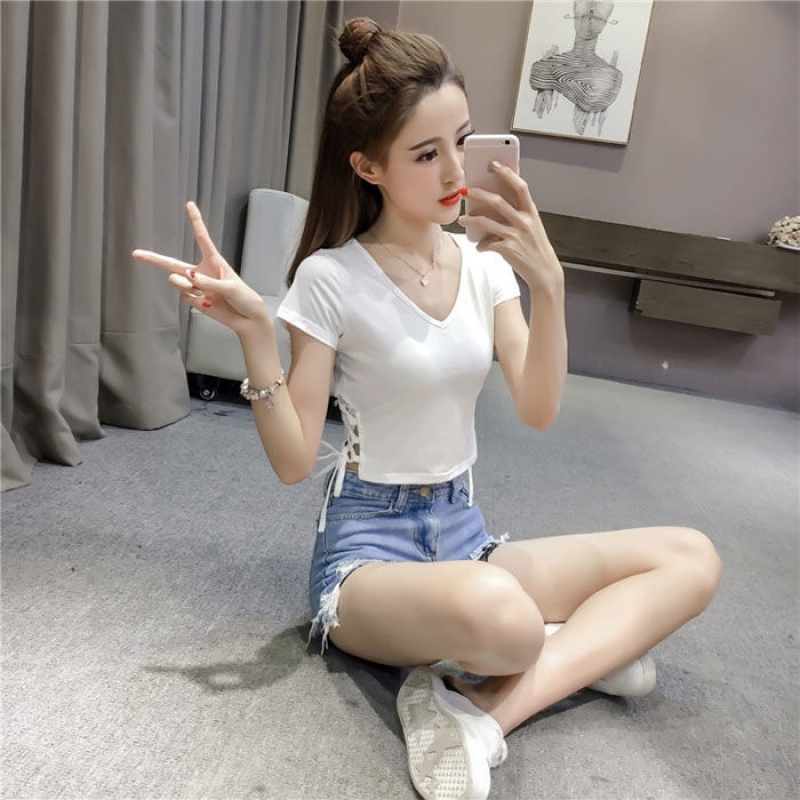 短袖t恤女2022夏季新款95棉短袖t恤女夏短款上衣半袖打底衫漏露脐高腰
