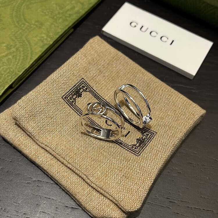 gucci 古驰 银色互扣式双g窄版开口戒指 ins简约风百搭情侣对戒 送
