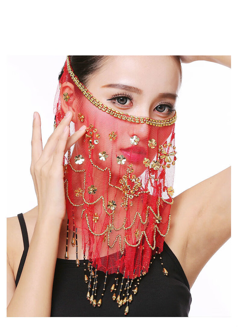 面纱印度舞蹈表演出服面纱蹈肚皮舞配饰新款梅花纱巾面罩面纱大红