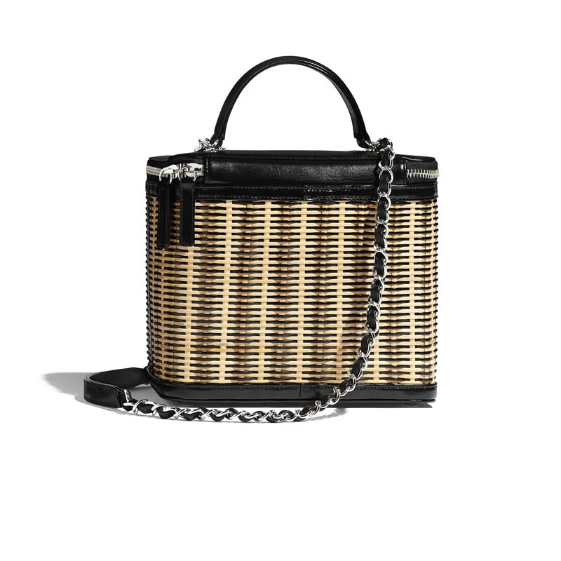 chanel香奈儿女包女士藤条小牛皮与银色金属米色与黑化妆包262115cm