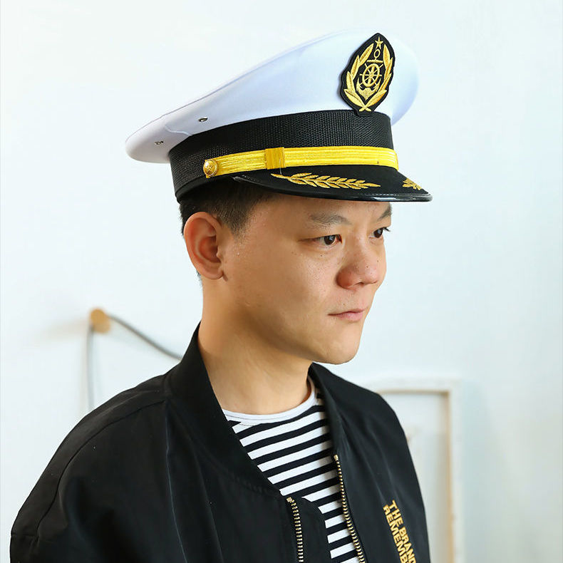 船长帽子白色海军船长船员影视演出平顶军帽大盖帽子时尚品牌慕凡妮