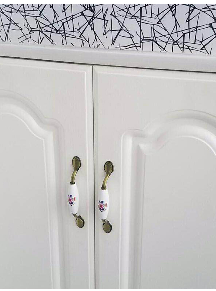 黑白陶瓷拉手柜门现代简约欧式衣柜厨门橱柜明装门把小兰花单孔陶瓷