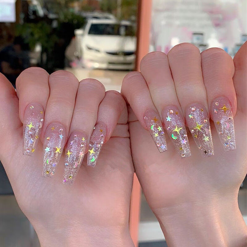 网红ins火美甲人鱼亮片透明彩色美甲镭射心形星星亮片美甲套装0102