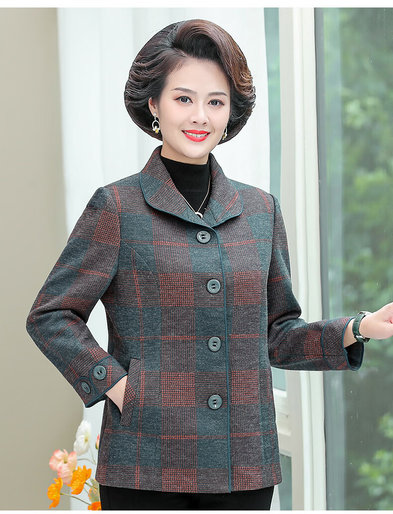 雪中飞中年女春装外套50岁60中老年人洋气西装领上衣妈妈装春秋格子