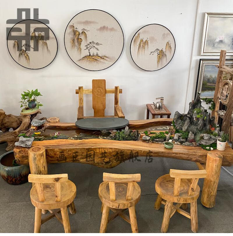 巧妇九妹 流水茶桌景观一体香樟木循环茶台新中式异形根雕曲水流觞