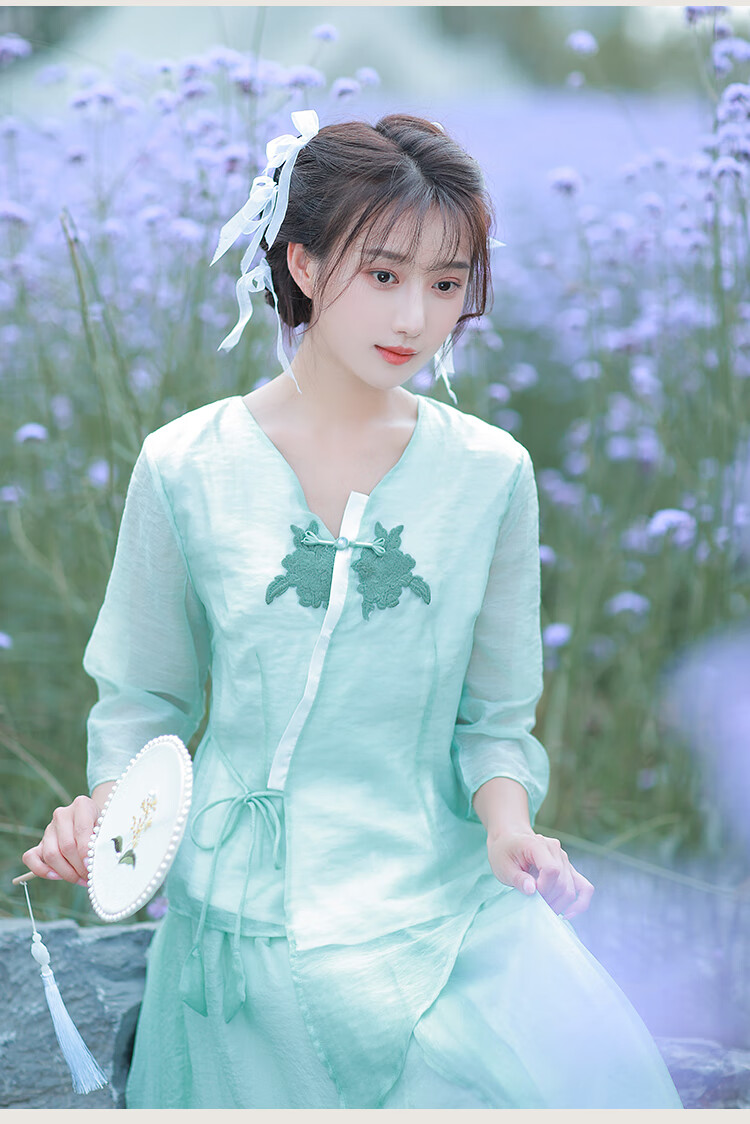 仙女汉服连衣裙2022新款夏季中国风女装绣花薄款茶艺服两件套 绿衣