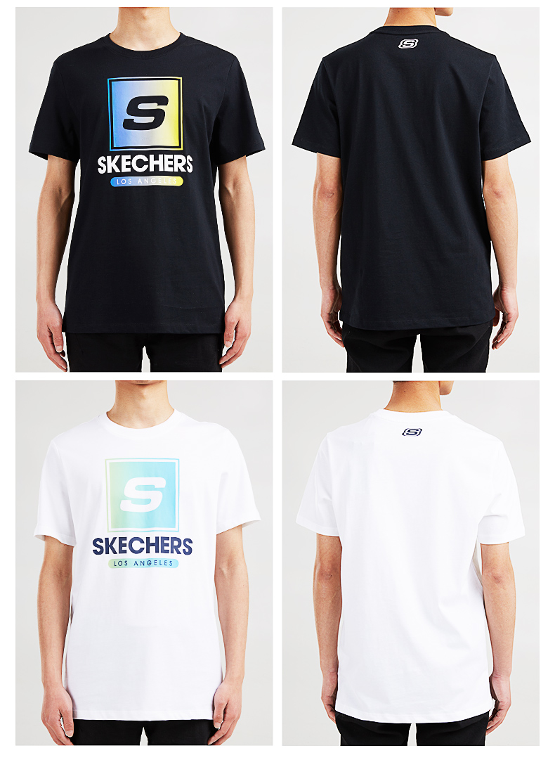 skechers斯凯奇短袖t恤男夏季针织短t男士拼色logo印花上衣体恤碳黑s