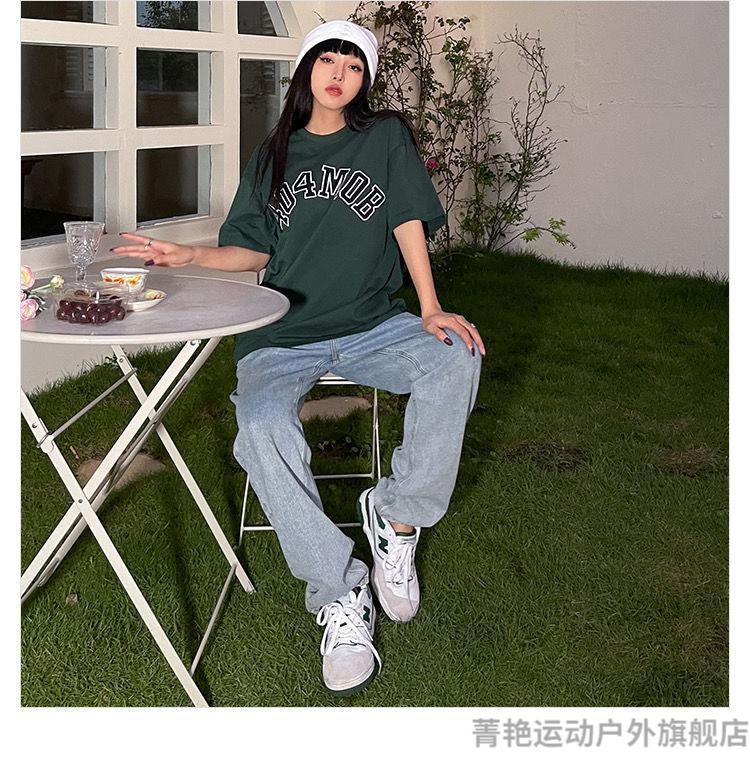 mob刺绣logo多色潮牌短袖t恤男女ins潮流宽松情侣落肩体恤上衣墨绿色m