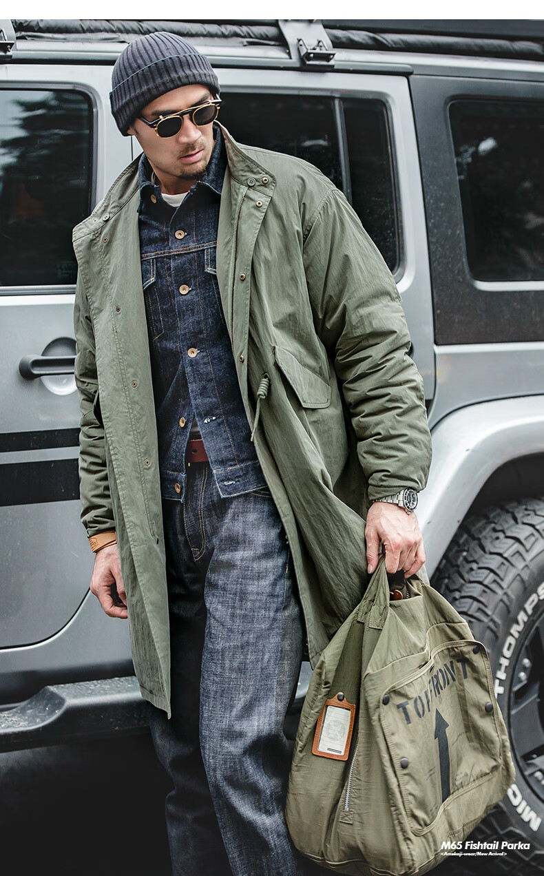 马登工装 美式复古二战m65派克鱼尾风衣连帽长款外套军大衣棉衣男 军