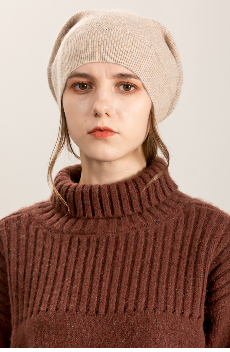 srzv纯羊绒帽子女2021年秋冬季新款保暖百搭针织绒线帽防寒护耳堆堆帽