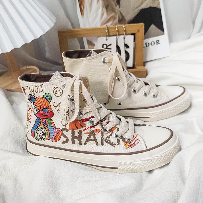 涂鸦鞋卡通涂鸦高帮帆布鞋女小众设计鞋子潮百搭原宿风板鞋可爱少女