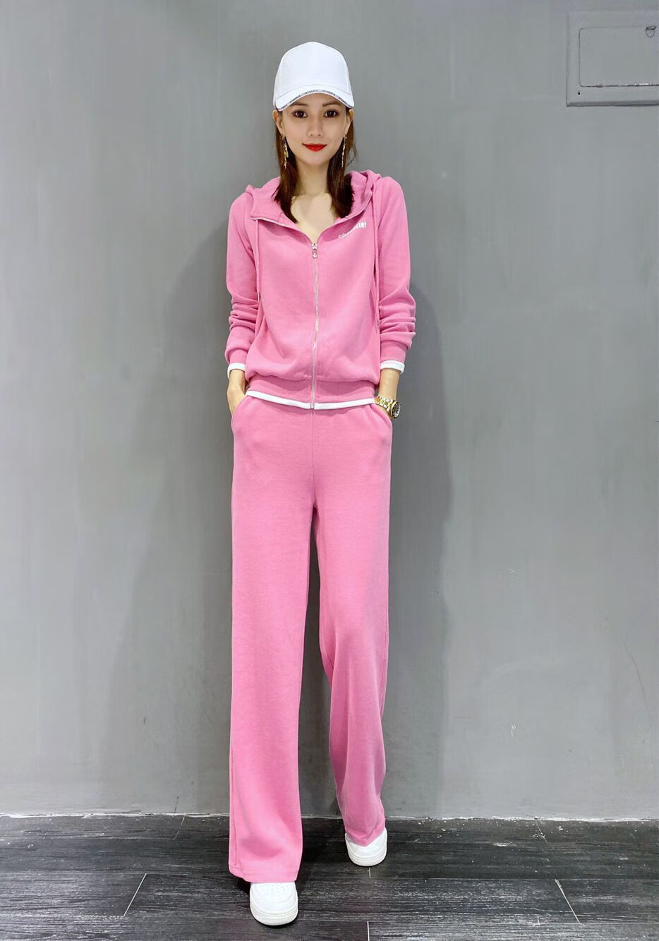 运动套装女秋季新款韩版宽松阔腿裤连帽卫衣时尚两件套粉色套装xl建议