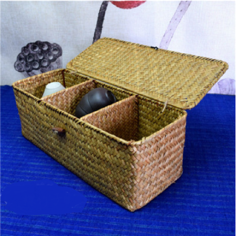 可狄草编带盖收纳盒功夫茶具收纳有盖防尘茶杯架茶壶箱茶壶架便携家用