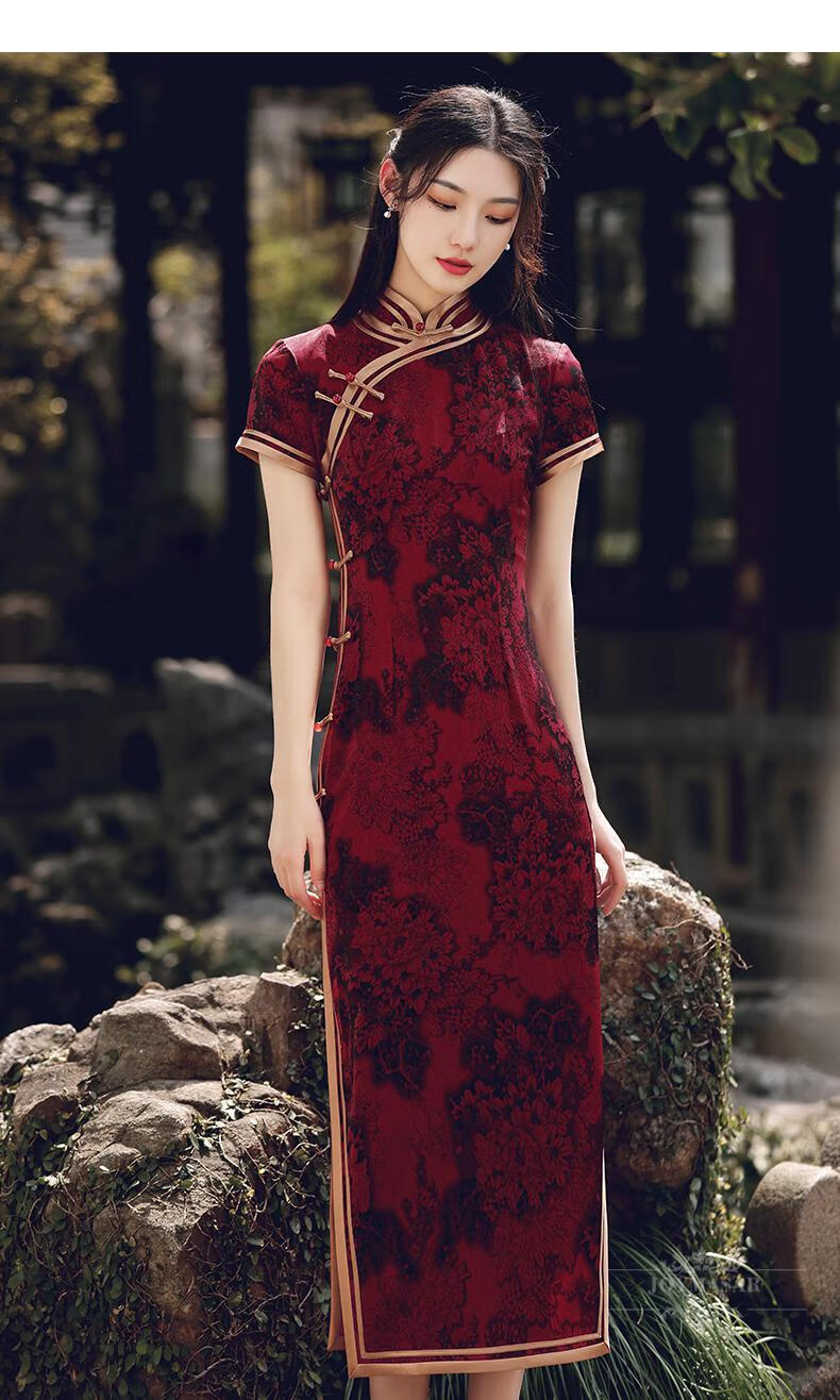 乔曼莎品牌女装红色旗袍改良连衣裙年轻款夏季妈妈装婚宴礼服敬酒服喜