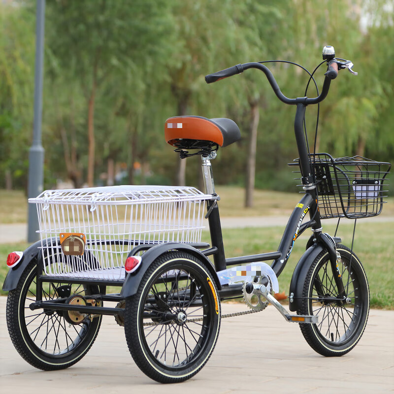 老年人自行车老人脚蹬三轮车成年人代步脚踏休闲车货车子咖啡色带筐铝