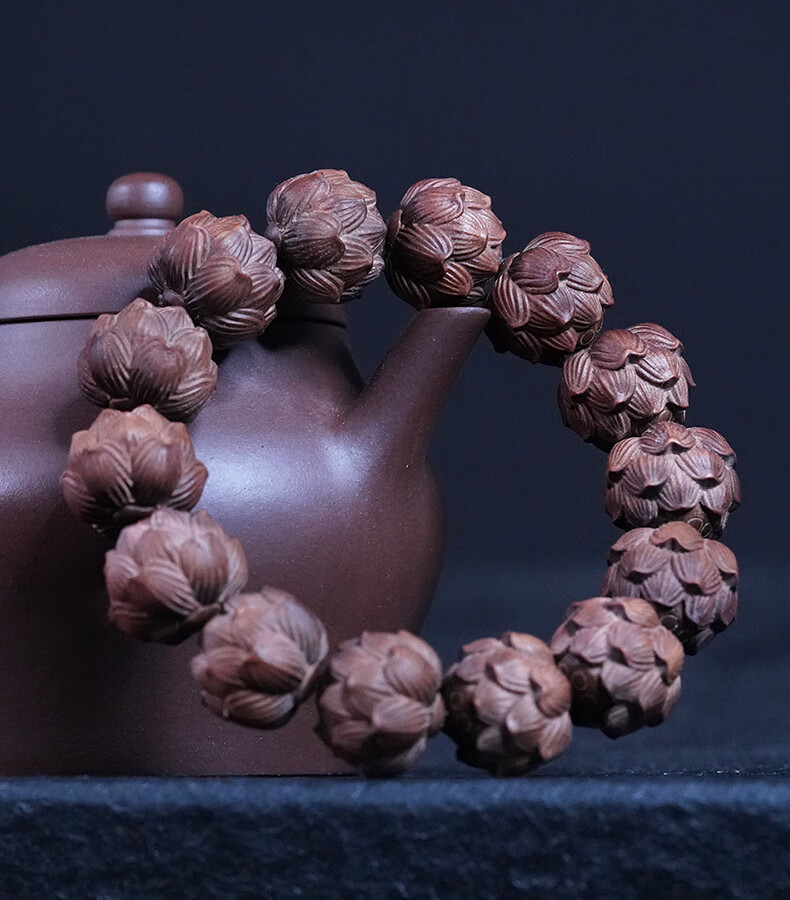 印度迈索尔老山檀香莲花手串雕刻檀香木青莲佛珠念佛手持单圈手链莲花