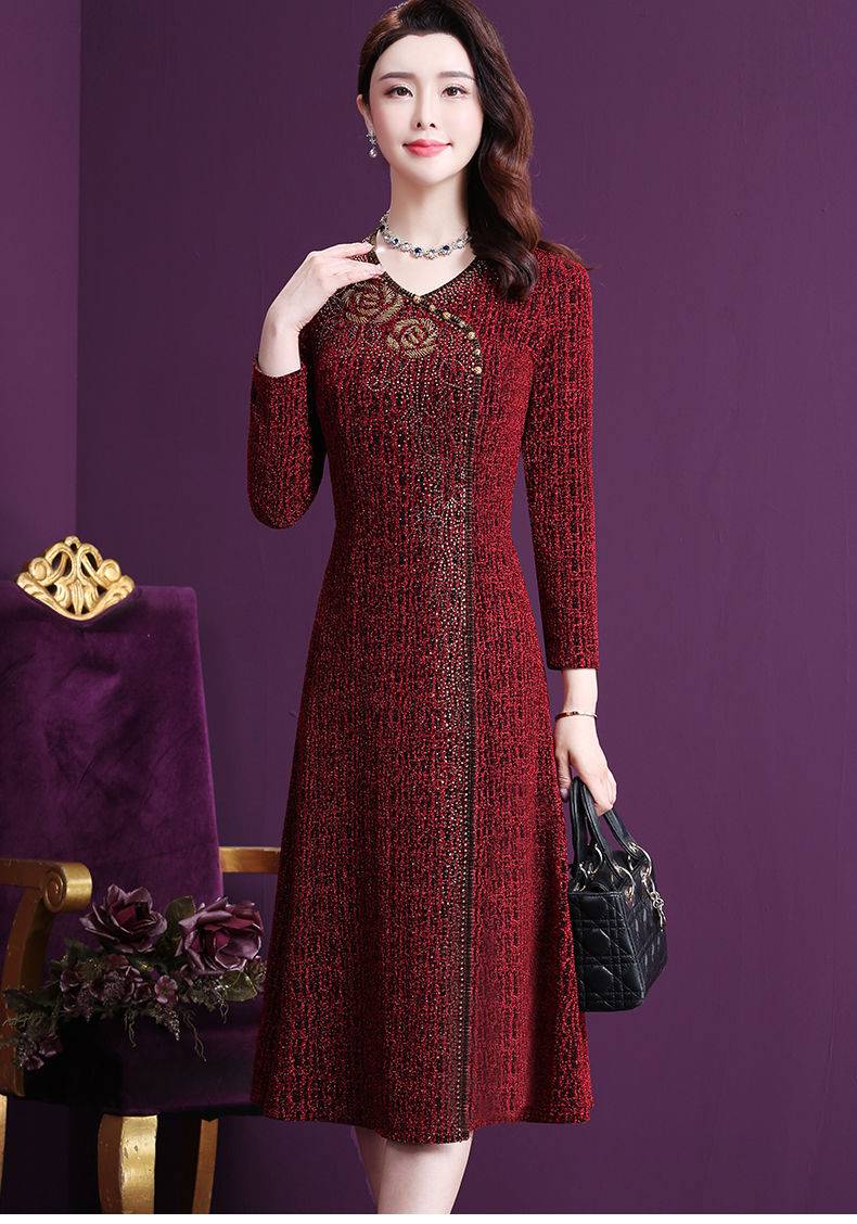 恒源祥春秋礼服2021新款钉珠烫钻婚礼宴会贵夫人显瘦中年妈妈连衣裙