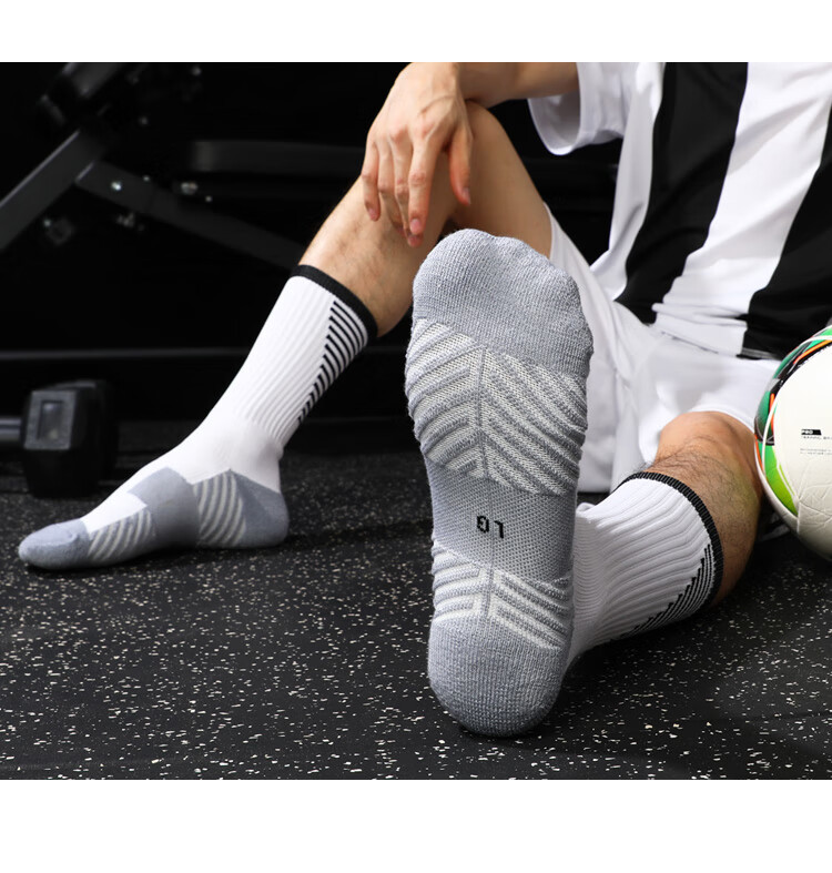 户外运动足球袜男中筒高帮毛巾底夏季薄短款运动防滑训练袜白色买2双