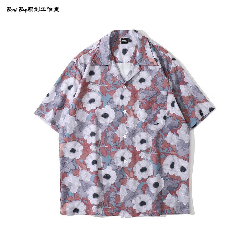 花衬衫男夏季港风宽松碎花 bkpp欧儿同款红扶桑花衬衫男女他泰国aloha