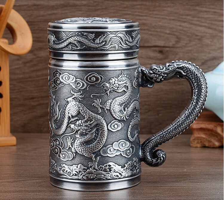 枫岚情 s999纯银水杯九龙杯带手柄足银办公杯泡茶水杯高端茶杯银杯子