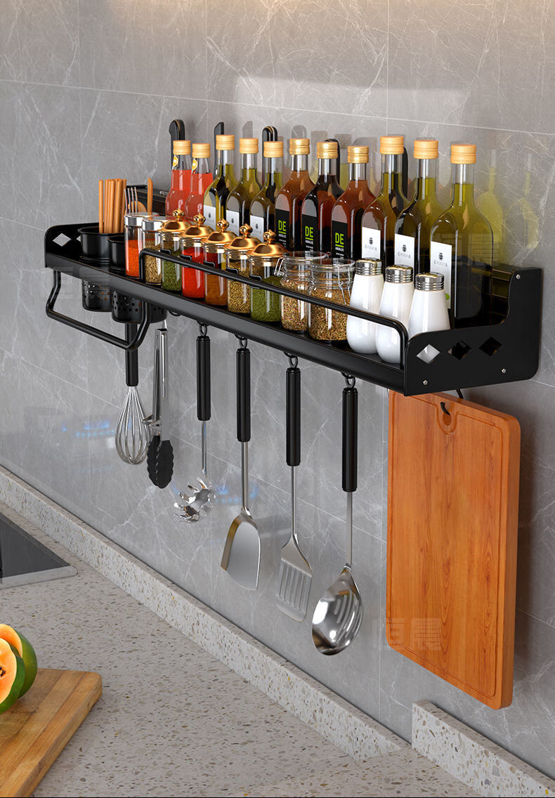 免打孔厨房架子置物架壁挂用品家用大全厨具收纳神器多功能调料架黑色